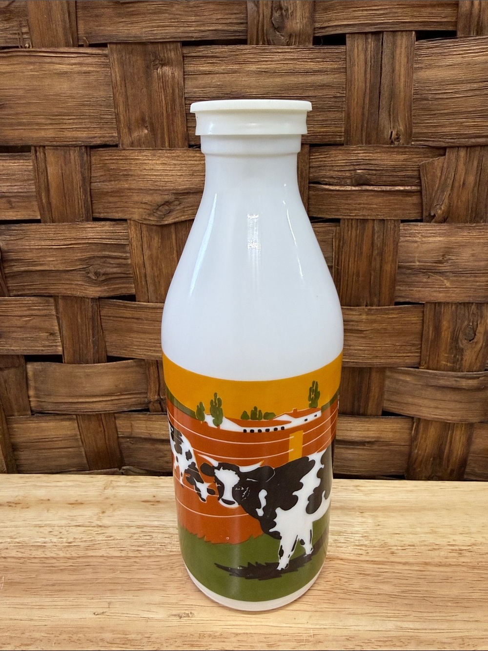 White Glass Milk Bottle with Retro Cow Farm Illustration - White